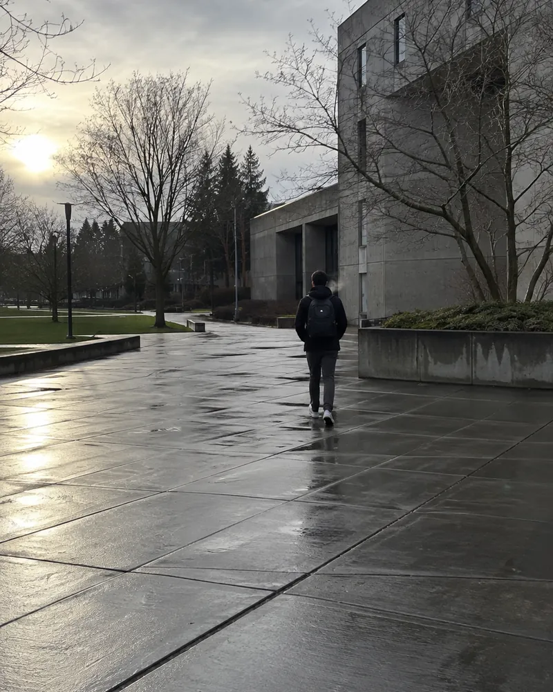 A student with a backpack crossing the campus at first light, seen from behind and far away, on wet paving